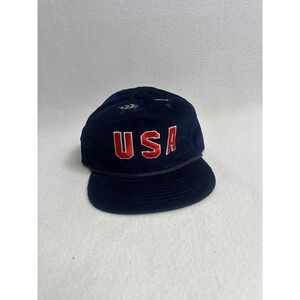 Vintage 80s USA Olympics Drew Pearson Mens OSFA Navy Blue Corduroy Rope Hat 1988